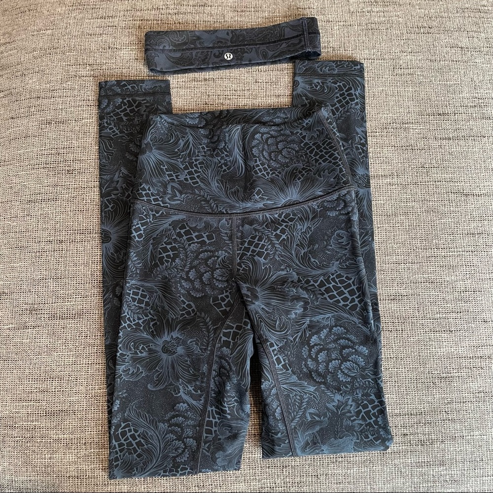 Lululemon Blue Paisley Wunder Under full length & headband